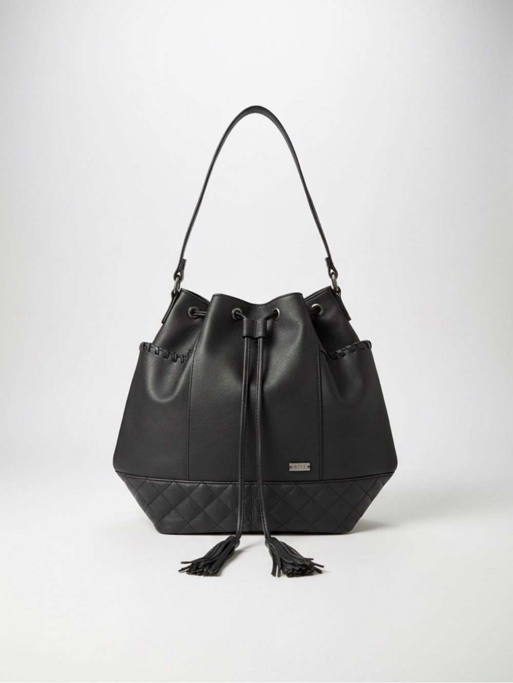 Roxy Boho Skater Black Drawstring Bucket Hobo Bag with Tassels April 2016
